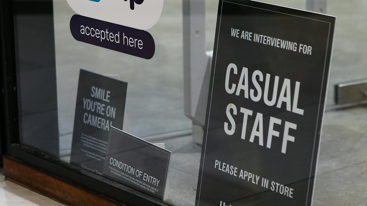 A sign for casual staff wanted at a retail store in Chatswood. Picture: NCA NewsWire / Gaye Gerard