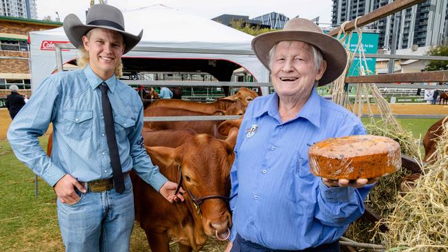 Geoff Beattie with his grandson Hayden Beattie at the Ekka Showgrounds. Picture: Richard Walker