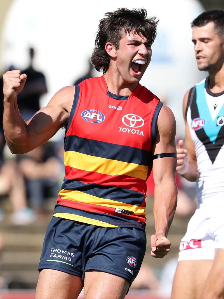 Josh Rachele kicked three goals against the Power. Picture: Sarah Reed/AFL Photos via Getty Images