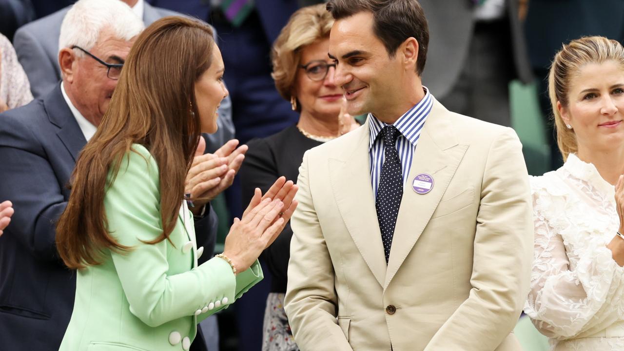 Former Wimbledon Champion, Roger Federer of Switzerland was honoured at Wimbledon with Kate congratulating him. Picture: Clive Brunskill/Getty Images