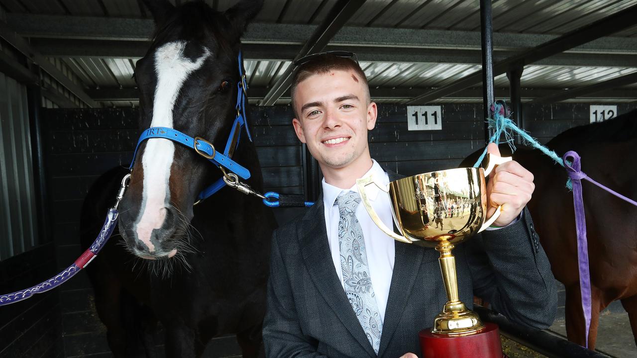 Co-owner Kieron Boyle with winning horse Onesmoothoperator. Geelong Cup connections. Picture: Alan Barber