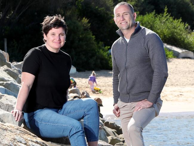 Coral expert UNSW Associate Professor Tracey Ainsworth and senior lecturer in environmental science at Newcastle University, Dr Troy Gaston at Ettalong. Picture: Sue Graham