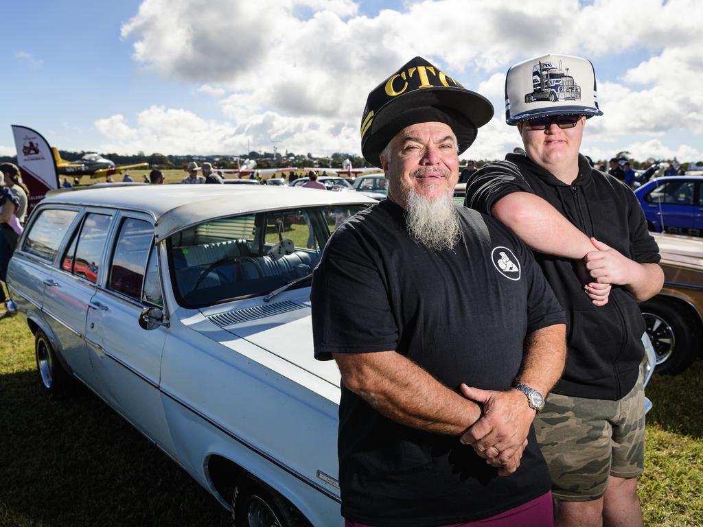 Phill (left) and William Snow with their 1969 HR Holden wagon and their unique CTC hats at the David Hack Classic, Sunday, May 18, 2025. Picture: Kevin Farmer