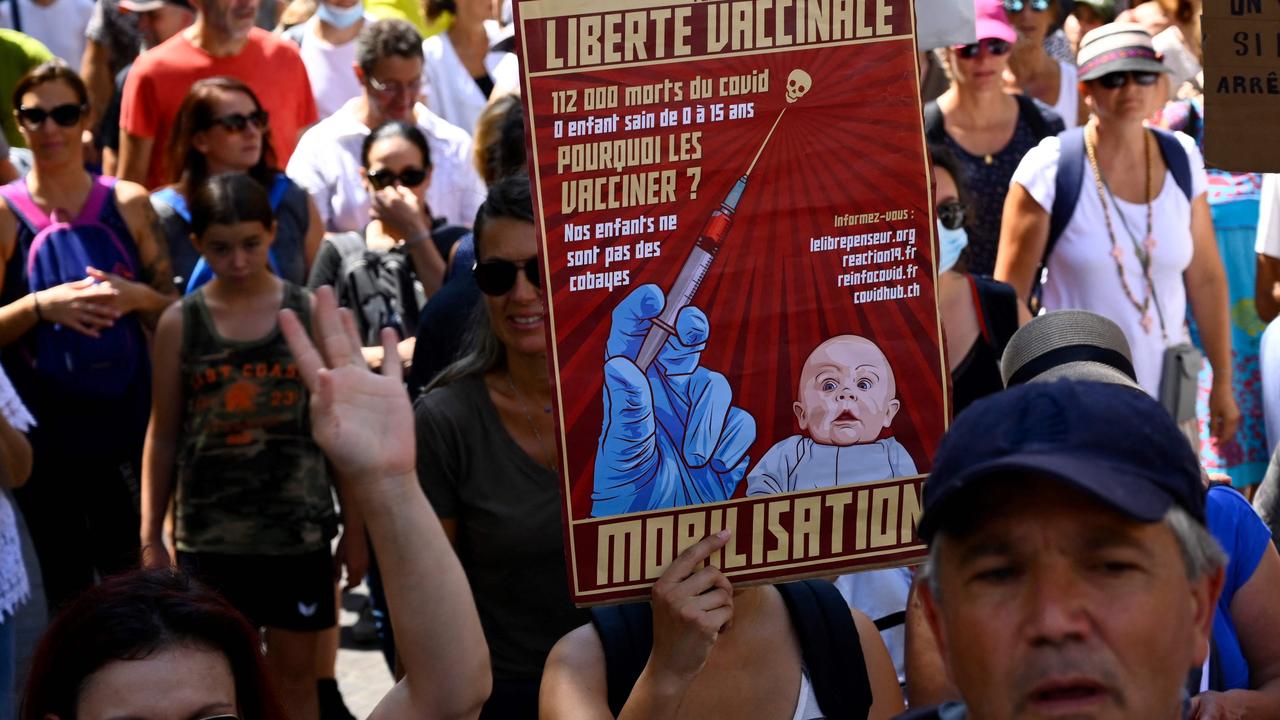 Demonstrators in Marseilles, France protest against the vaccination of children in a rally against the proposed vaccine passport. Picture: Nicolas Tucat/AFP