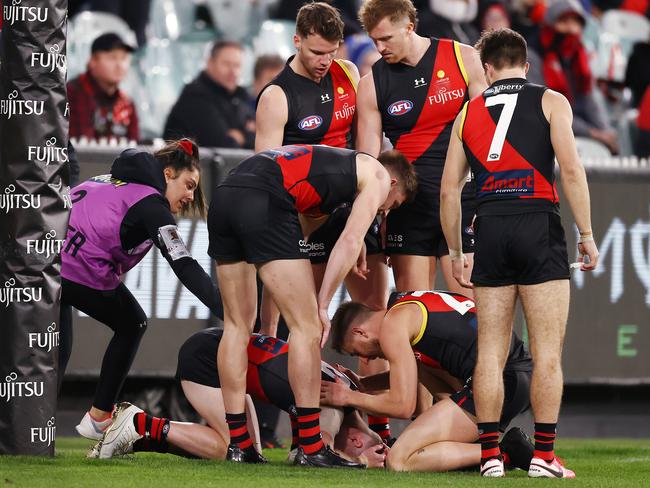 Nick Hind’s teammates were concerned after he was cleaned up by the behind post. (Photo: Michael Klein)