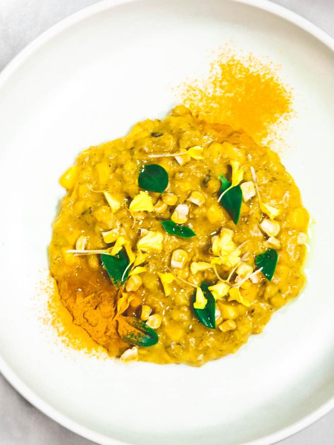 Keskek - Turkish Wedding Barley, milk poached corn puree, Tulum cheese and turmeric.