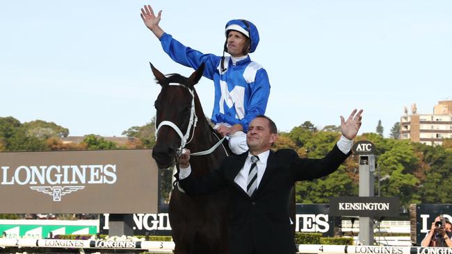 Chris Waller and jockey Hugh Bowman enjoyed the ride of a lifetime with super mare Winx. Picture: Getty Images