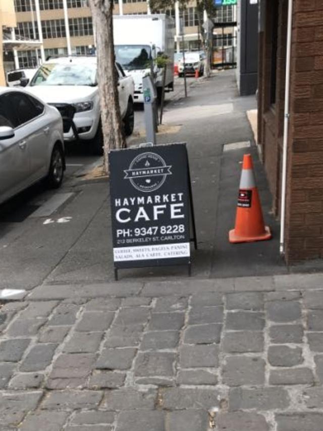 A sign blocking the footpath on Berkeley St, Carlton. Picture: Snap Send Solve