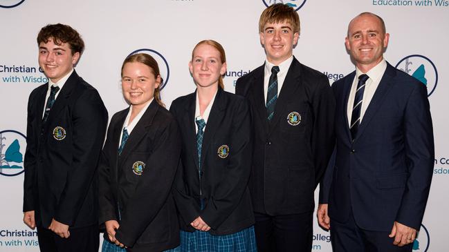 The 2024 Bundaberg Christian College School Captains. From left to right: Reid Birbeck (Vice Captain), Isabella Heidke (Vice Captain), Nyria Spanner (Captain), Finn Cohen (Captain) and Mr Paul Thompson (Principal). Image credit: Paul Beutel.