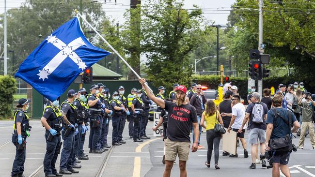 . Protesters marched along St. Kilda Road. Picture: Jake Nowakowski