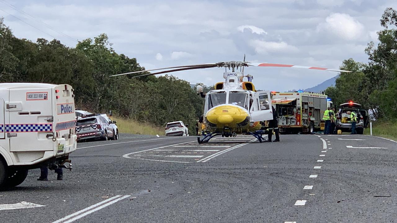 Emergency services at the scene of a two-vehicle crash on the Bruce Highway at Hampden near Mackay on Sunday, August 7, 2022.