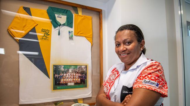 Naomi Roberts with her Wallaroos jersey from the 1998 World Cup. Picture: Pema Tamang Pakhrin