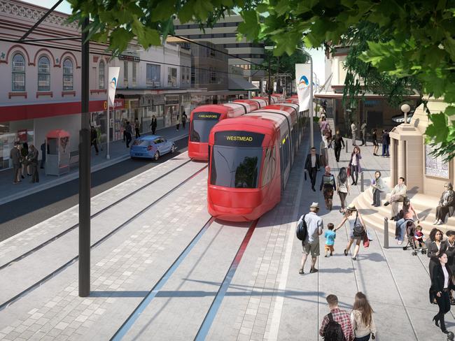 How the light rail is expected to look on Macquarie St, Parramatta.