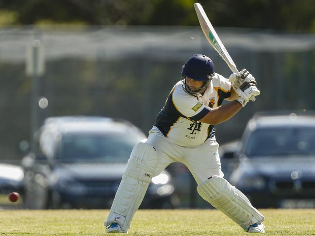 Daniel Polson launches into a big shot for Main Ridge in the MPCA Peninsula grand final in 2019. Picture: Valeriu Campan