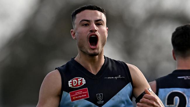 AberfeldieÃs Lucas Rocci during the EDFL Premier Division grand final between Aberfeldie and Strathmore at Windy Hill Oval in Essendon, Saturday, Sept. 10, 2022. Picture: Andy Brownbill