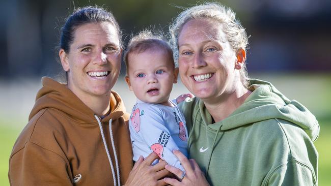 Chelsea Randall and Marijana Rajcic with their 6 month old baby Tomi who will have their first mothers day.Tuesday April,30,2024.Picture Mark Brake