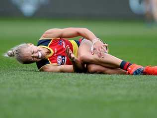 Erin Phillips of the Crows after injuring her knee during the AFLW grand final match between the Adelaide Crows and the Carlton Blues at Adelaide Oval in Adelaide, Sunday, March 31, 2019. Picture: KELLY BARNES