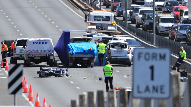 The scene of the tragic fatal crash on the M1 at Nerang on Monday. Picture: Scott Powick