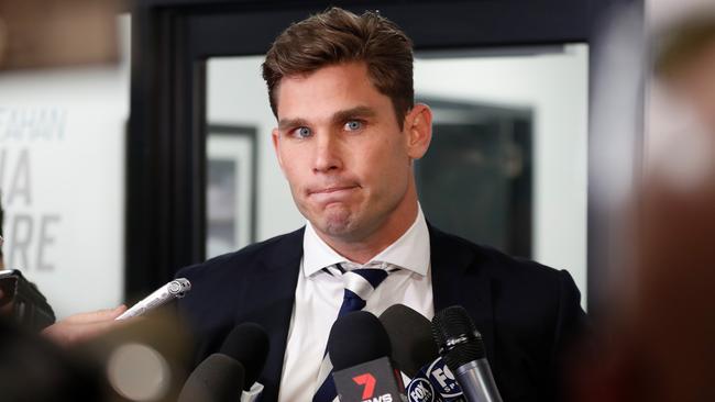 Geelong forward Tom Hawkins speaks to the media after his hearing at the AFL tribunal. Picture: Getty Images