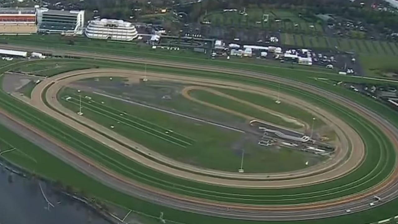 Floodwaters near Melbourne's Flemington Racecourse. Picture: Nine