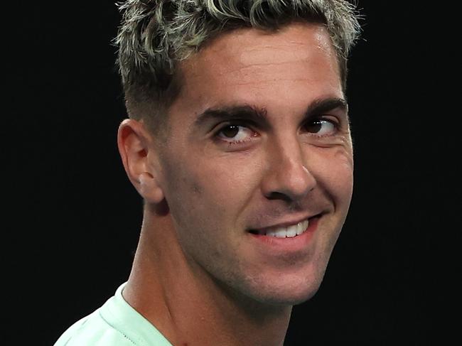 MELBOURNE, AUSTRALIA - JANUARY 18: Thanasi Kokkinakis of Australia celebrates match point in their round one singles match against Fabio Fognini of Italy during day three of the 2023 Australian Open at Melbourne Park on January 18, 2023 in Melbourne, Australia. (Photo by Mark Kolbe/Getty Images)