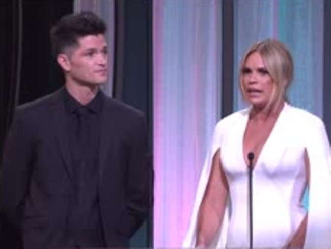 Sonia Kruger on stage at the 2015 Logie Awards.