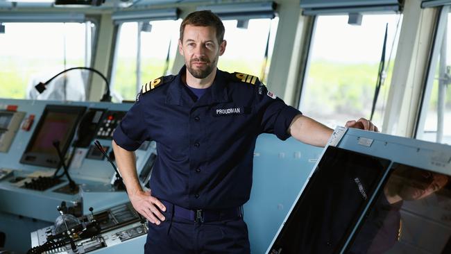 .British Navy ship HMS Spey has docked at the Tropical Reef Shipyard for maintenance work, the first time a British warship has undergone maintenance at the Port of Cairns. Commanding Officer of HMS Spey Mike Proudman on the ship's bridge. Picture: Brendan Radke