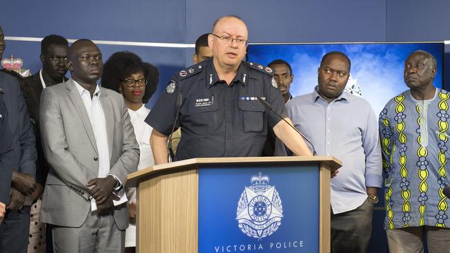 Victorian Chief Police Commissioner Graham Ashton spoke to the media alongside African community today. Picture: AAP