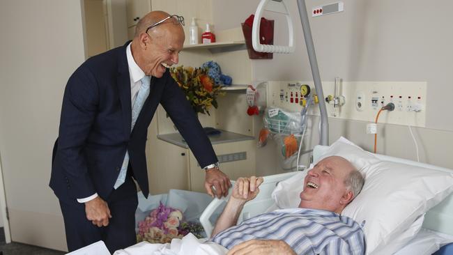 Broadcaster Alan Jones gets a visit from friend Wally Meakes. Picture: Justin Lloyd