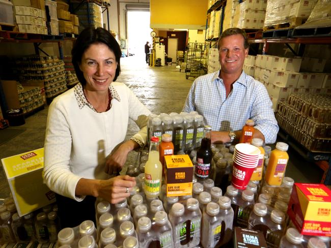 Emma Welsh and Tom Griffith, Co Founders of Emma &amp; Tom's at the company warehouse in Prahran Melbourne. Picture: David Geraghty / The Australian