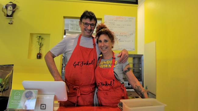 Marty Elliot and Maureen Burgess from Fork Knows Plant Based Kitchen &amp; Preservery cafe in Coffs Harbour. The couple are 'demystifying' vegan food with their delicious menu and selection of homemade preserves. Coffs Harbour small business. Photo: Tim Jarrett