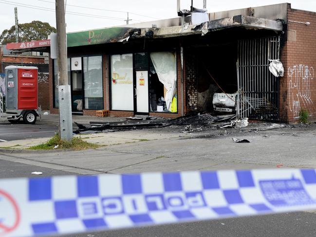 A tobacco shop on Cheviot Rd in Campbellfield lies in ruin after it was destroyed in an overnight arson. Picture: Andrew Henshaw