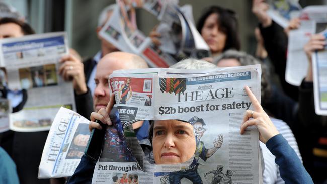 Staff at The Age walked out in protest at job cuts at Fairfax in 2017.