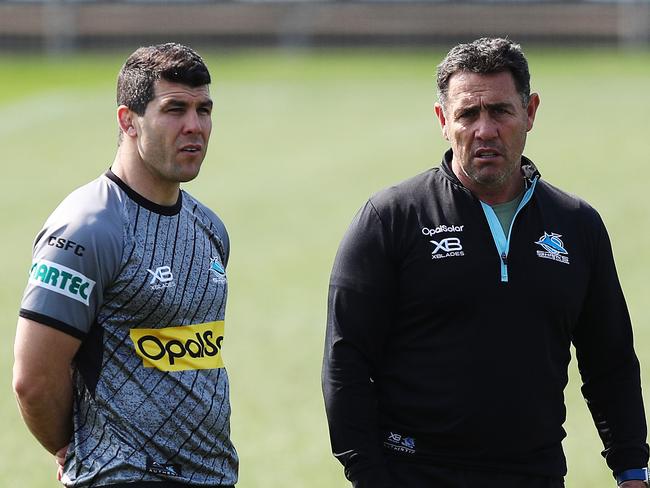 Coach Shane Flanagan and Michael Ennis during Cronulla Sharks training at Southern Cross Group Stadium, Cronulla. Picture: Brett Costello