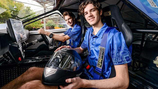 From left to right of photo:, , Nishant Bazzad, Jamie Jackson, Ethan Taylor, Zachary Mabus, Andrew Marshall, Bryn Jarvis with the new Flinders solar car, design is inspired by Elon Musk's cybertruck, so a generation of engineers in Adelaide is following in the footsteps of the electric car maestro. Mercedes will also be using the engine in the car for their new consumer electric model. Supplied. Credit: Brenton Edwards.