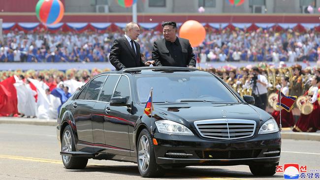 North Korea's leader Kim Jong-un and Russia's President Vladimir Putin parade in an open-top car during a welcoming ceremony at Kim Il Sung Square in Pyongyang in June. Picture: North Korea’s official Korean Central News Agency via KNS / AFP