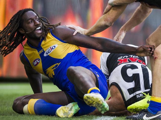 Nic Naitanui of the Eagles reacts during the Round 7 AFL match between the West Coast Eagles and the Port Adelaide Power at Optus Stadium in Perth, Saturday, May 5, 2018. (AAP Image/Tony McDonough) NO ARCHIVING, EDITORIAL USE ONLY