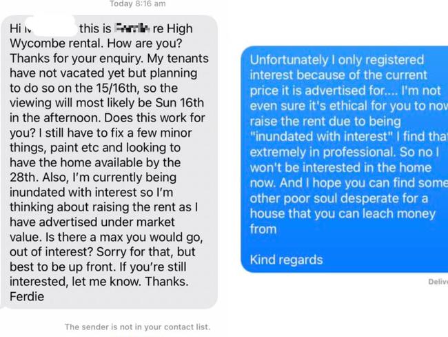 The texts exchanged between the landlord (left) and prospective tenant (right). Picture: Facebook / Don't Rent Me