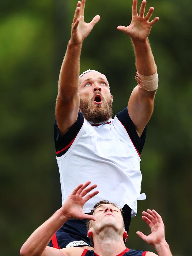 Max Gawn, picture flying high at training, formed an impressive tandem with recruit Brayden Preuss against the Magpies.