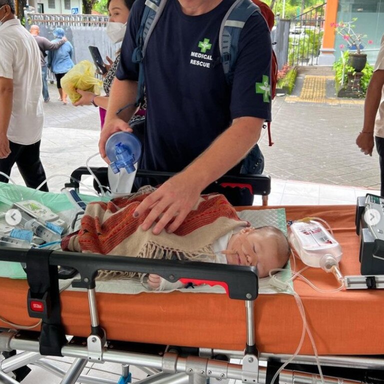 Baby Lucky was fighting for her life in Bali after she fell severely ill. Almost $200,000 was raised to get the family on a medevac flight to Brisbane, to get Lucky the help she needed. Picture: Instagram/honeyahimsa