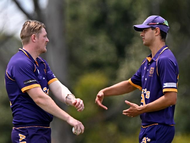 AltonaÃs Callum Hands and Ben Davies during the VSDCA Altona v Taylors Lakes cricket match in Altona, Saturday, Jan. 6, 2024. Picture: Andy Brownbil