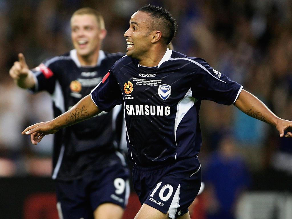 Archie Thompson during his five-goal romp for Victory in the 2007 A-League men’s Grand Final. Picture: Mark Dadswell/Getty Images