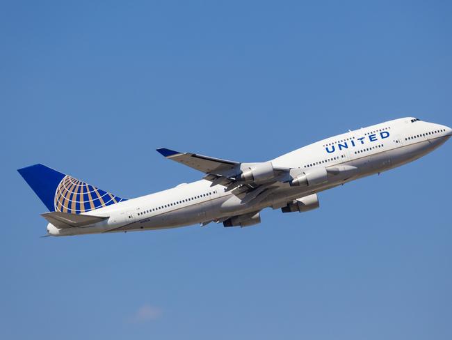 Frankfurt, Germany - March 30, 2017: United Airlines Boeing 747-451 after take off at the Frankfurt international airport