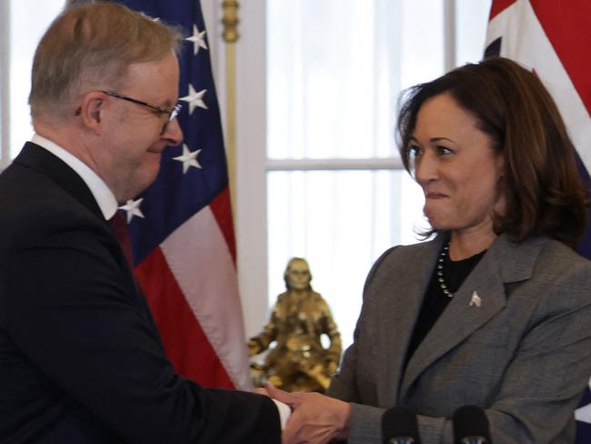 WASHINGTON, DC - OCTOBER 26: Australian Prime Minister Anthony Albanese (L) shakes hands with U.S. Vice President Kamala Harris (R) during a luncheon at the State Department on October 26, 2023 in Washington, DC. Prime Minister Albanese is on a state visit in the U.S.   Alex Wong/Getty Images/AFP (Photo by ALEX WONG / GETTY IMAGES NORTH AMERICA / Getty Images via AFP)