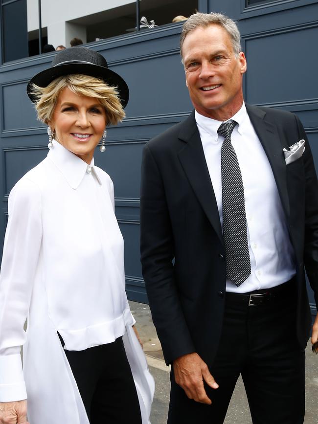 Julie Bishop and David Panton pose on Derby Day at Flemington.