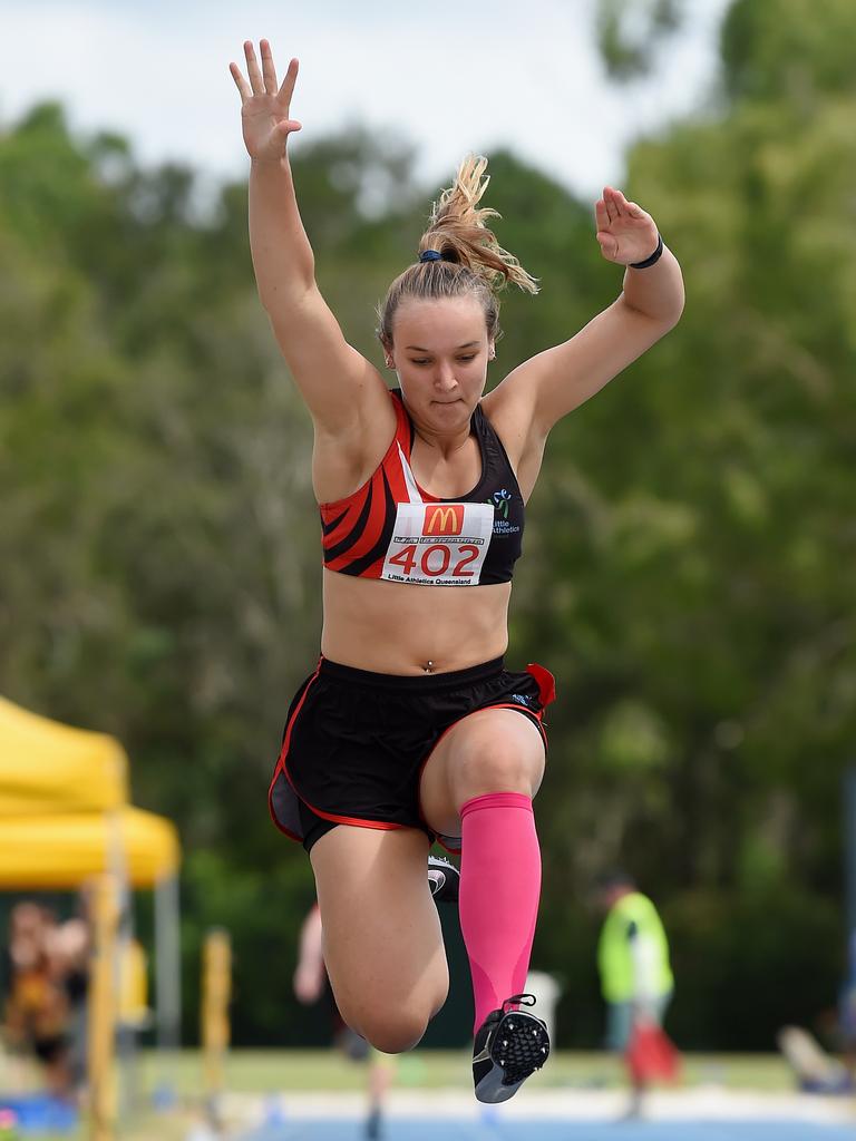 South Coast Little Athletics Titles at Pizzey Park in Miami. Girls U15 triple jump contestants. Eva Pietraszkiewicz from Tweed Lac. Picture: Lawrence Pinder