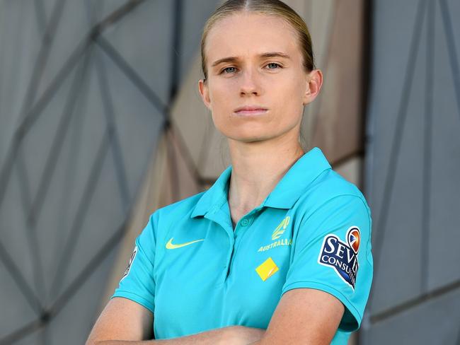 MELBOURNE, AUSTRALIA - FEBRUARY 07: Kaitlyn Torpey of the Matildas poses during the Matildas squad announcement ahead of the AFC Women's Olympic Football Tournament Paris 2024 Asian Qualifiers, at Federation Square on February 07, 2024 in Melbourne, Australia. (Photo by Josh Chadwick/Getty Images)