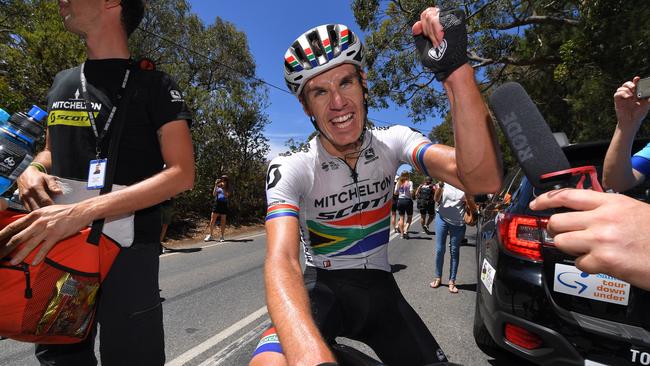 WILLUNGA HILL, AUSTRALIA - JANUARY 20: Arrival / Daryl Impey of South Africa and Team Mitchelton-Scott / Celebration / during the 21st Santos Tour Down Under 2019, Stage 6 a 151,5km stage from McLaren Vale to Willunga Hill 374m / TDU / on January 20, 2019 in Willunga Hill, Australia. (Photo by Tim de Waele/Getty Images)