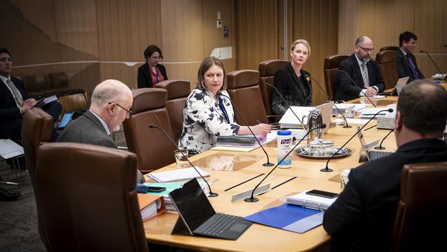 Tasmanian health officials (L-R) Dr. Mark Veitch, Health Secretary Kathrine Morgan-Wicks, Health Minister Sarah Courtney, Chief Medical Officer Dr. Tony Lawler and Department of Health Financial Officer Craig Jeffrey front the public accounts committee hearings into Tasmania's response to COVID-19/coronavirus. Picture: LUKE BOWDEN