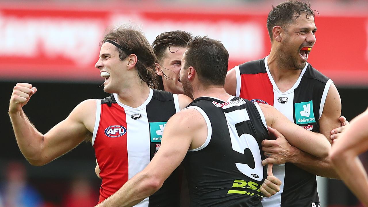 GOLD COAST, AUSTRALIA - MAY 08: Brad Crouch of the Saints celebrates a goal during the round eight AFL match between the Gold Coast Suns and the St Kilda Saints at Metricon Stadium on May 08, 2021 in Gold Coast, Australia. (Photo by Chris Hyde/Getty Images)